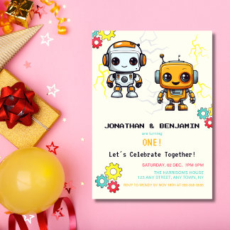 Joint Twin Boys Birthday Niedlich Roboter Futurist Einladung