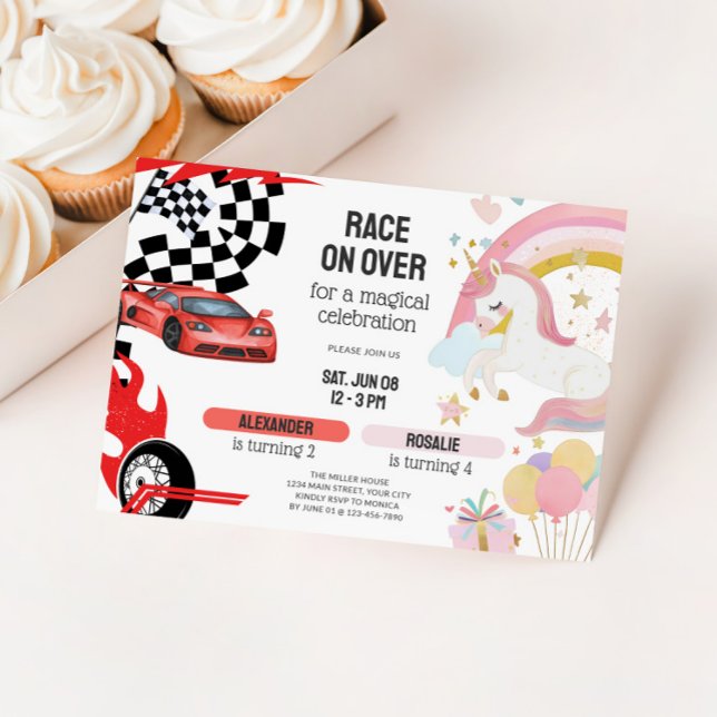 Joint Unicorn & Race Cars Sibling Birthday Einladung (Joint Kids Birthday Party Invitation - Race Cars & Unicorns)