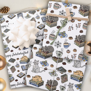 Jolabokaflod Bücher, Katzen und Kakao Weihnachtsge Geschenkpapier Set