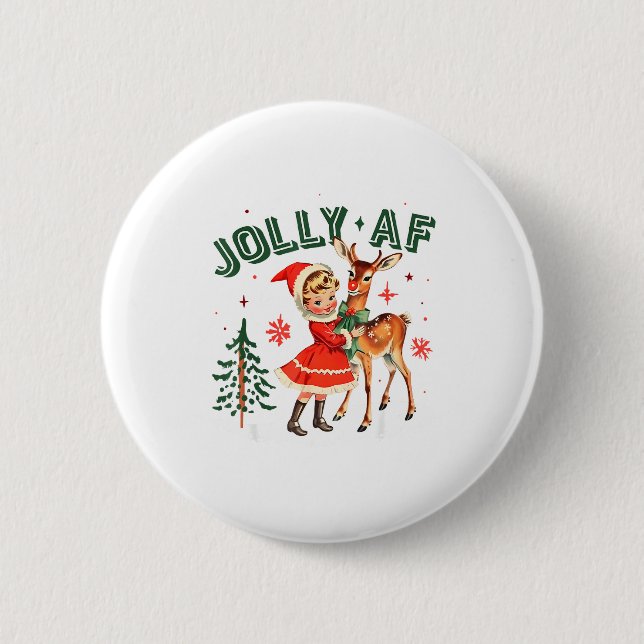 Jolly Af Christmas Retro 50s Cute Girl And Deer Vi Button (Vorderseite)