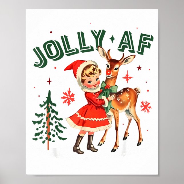Jolly Af Christmas Retro 50s Cute Girl And Deer Vi Poster (Vorne)