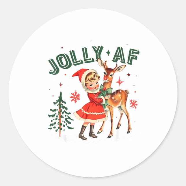 Jolly Af Christmas Retro 50s Cute Girl And Deer Vi Runder Aufkleber (Vorderseite)
