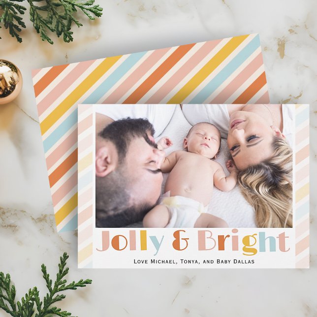 Jolly and Bright Modern Stripe Foto Weihnachten (Fun Jolly and Bright Colorful Retro Modern Stripe Family Photo Christmas Card)