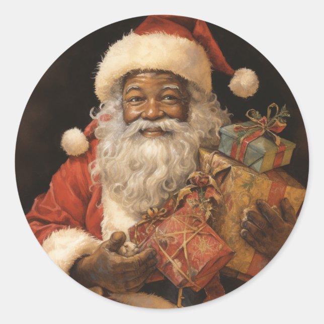 Jolly Black Santa: Feierliche Weihnachtsgrüße Runder Aufkleber (Vorderseite)