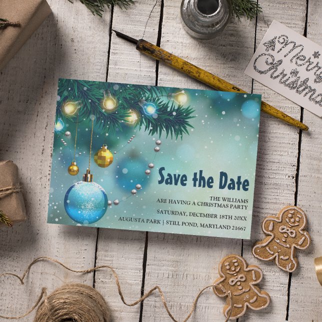 Jolly Blue & Gold Christmas Save the Date Einladungspostkarte (Von Creator hochgeladen)
