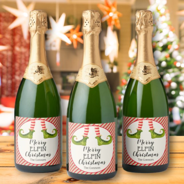 Jolly Christmas Elf Legs Stripes Holiday (Jolly Christmas Elf Legs Stripes Holiday Sparkling Wine Bottle Labels)