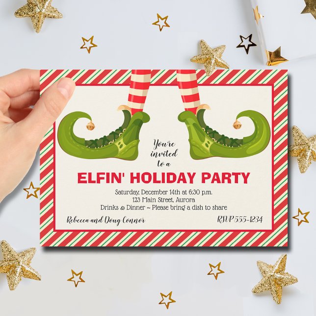 Jolly Christmas Elf Legs Stripes Holiday Einladung (Jolly Christmas Elf Legs Stripes Holiday Party Invitations)