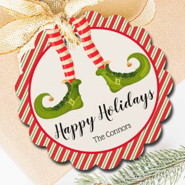 Jolly Christmas Elf Legs Stripes Holiday SCALLOP Geschenkanhänger (Christmas Elf Legs Stripes Holiday Scalloped Favor Tags Personalized)