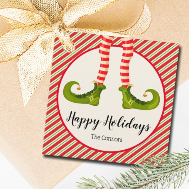 Jolly Christmas Elf Legs Stripes Holiday SQUARE Geschenkanhänger (Christmas Elf Legs Stripes Holiday Square Favor Tags Personalized)