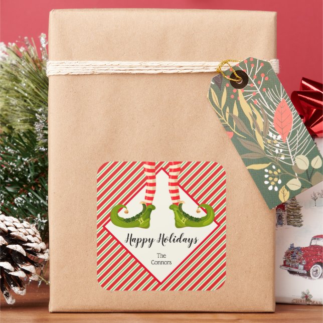 Jolly Christmas Elf Legs Stripes Holiday SQUARE Quadratischer Aufkleber (Feiertag)