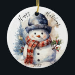 Jolly Christmas Snowman Holiday Ornament<br><div class="desc">Ein niedliches Aquarellschneedesign mit einem immergrünen Baum im Hintergrund und der Text sagt "Happy Holidays 2023,  aber kann personalisiert oder gelöscht werden.</div>