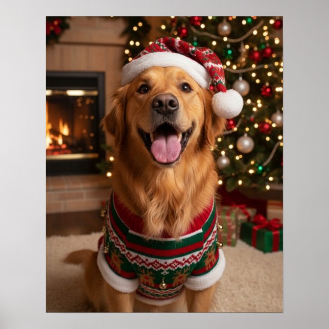 Jolly Golden Retriever Dog in Cozy Sweater Custom  Poster (Vorne)
