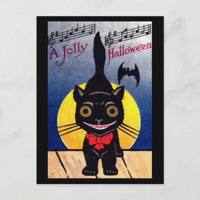 Jolly Halloween Cat and Bat Feiertagspostkarte (Vorderseite)