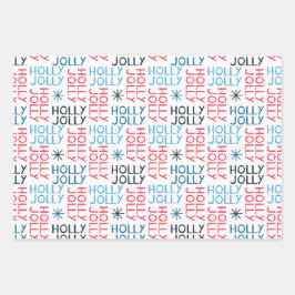 Jolly Holly Typografie Red Blue Geschenkpapier Set