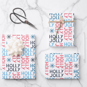 Jolly Holly Typografie Red Blue Geschenkpapier Set