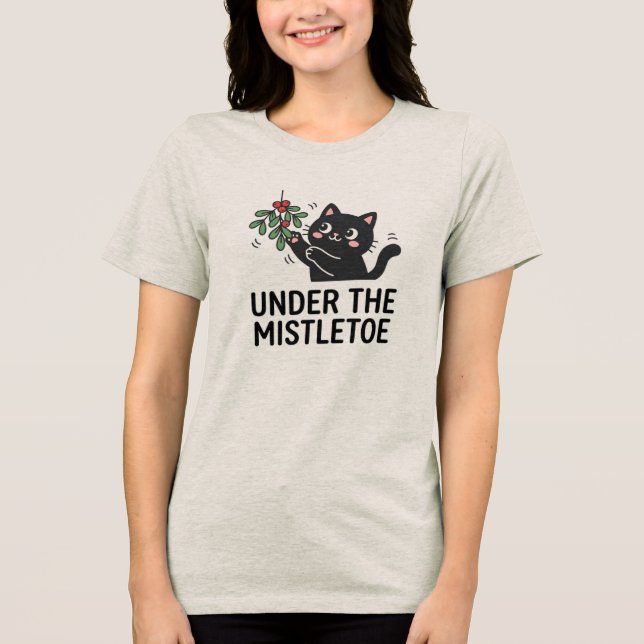 Jolly Joy Black Cat Mistletoe Cartoon T-Shirt Tri-Blend Shirt (Vorderseite)