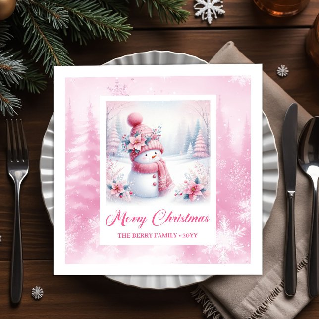 Jolly Pink Snowman Christmas Scene Napkins Kids   Serviette (Jolly Pink Snowman Christmas Scene Napkins Kids Holiday)