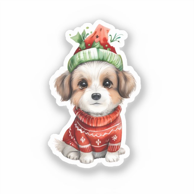 Jolly Pup: Hund in Weihnachtsmannmütze Sticker (Vorderseite)