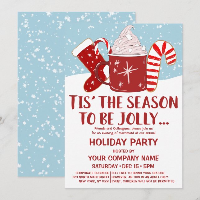 Jolly Red Blue Cocoa Candy Cane Corporate Holiday Einladung (Vorne/Hinten)