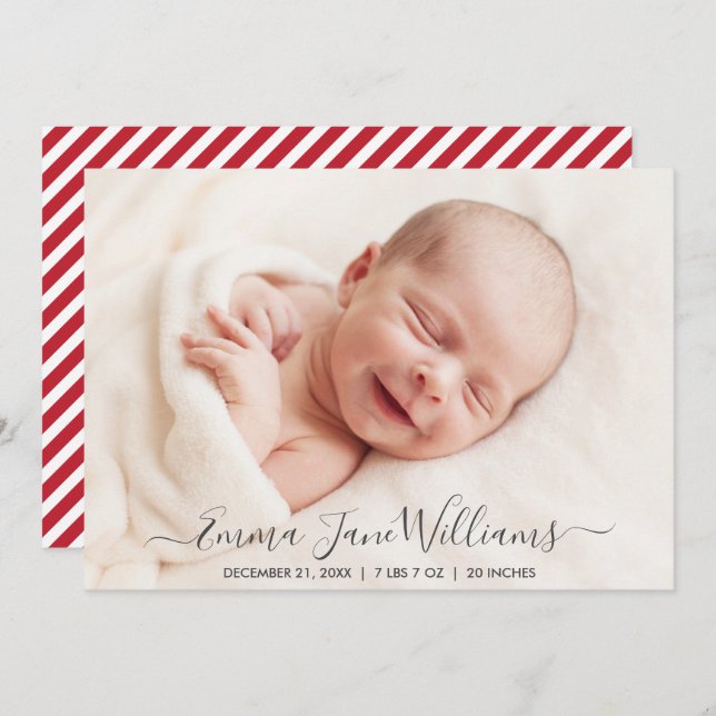 Jolly Red Stripes Birth Announcement Foto Card Ankündigung (Vorne/Hinten)