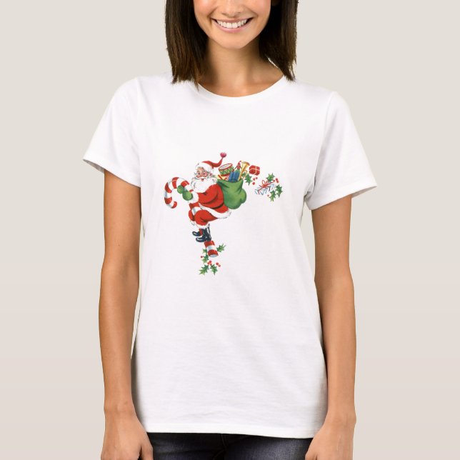 Jolly Retro Santa Riding Candy Cane T-Shirt (Vorderseite)