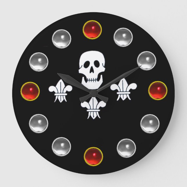JOLLY ROGER SKULL THREE LILIES FLAG Red White Gems Große Wanduhr (Vorderseite)
