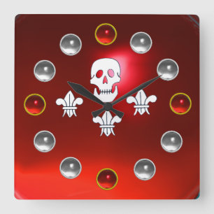 JOLLY ROGER SKULL THREE LILIES FLAG Red White Gems Quadratische Wanduhr