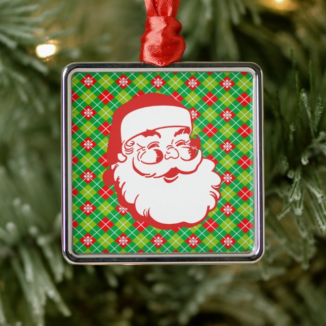 Jolly Santa Claus auf rot und grün Kariert Ornament Aus Metall (Baum)