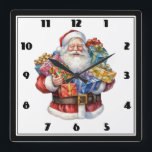 Jolly Santa Claus Classic Christmas Quadratische Wanduhr<br><div class="desc">Eine Uhr mit einem niedlichen Weihnachtsbild. Ein traditioneller Weihnachtsmann in seinem klassisch roten Outfit. Seine Arme voller Geschenke. Bereit,  Geschenke für alle zu bringen.</div>