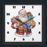 Jolly Santa Claus Classic Christmas Quadratische Wanduhr<br><div class="desc">Eine Uhr mit einem niedlichen Weihnachtsbild. Ein traditioneller Weihnachtsmann in seinem klassisch roten Outfit. Seine Arme voller Geschenke. Bereit,  Geschenke für alle zu bringen.</div>