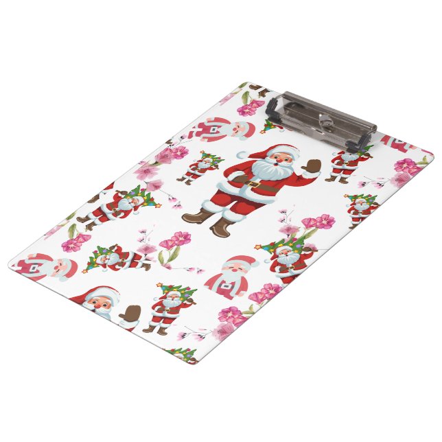 Jolly Santa Claus & Pink Floral Weihnachten Klemmbrett (Schrägansicht)
