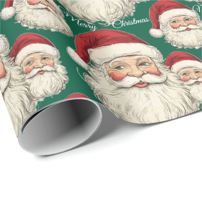 Jolly Santa Face Green Geschenkpapier (Rolleneckpunkt)