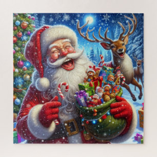 Jolly Santa und Rentier mit Weihnachtsspielzeug Puzzle