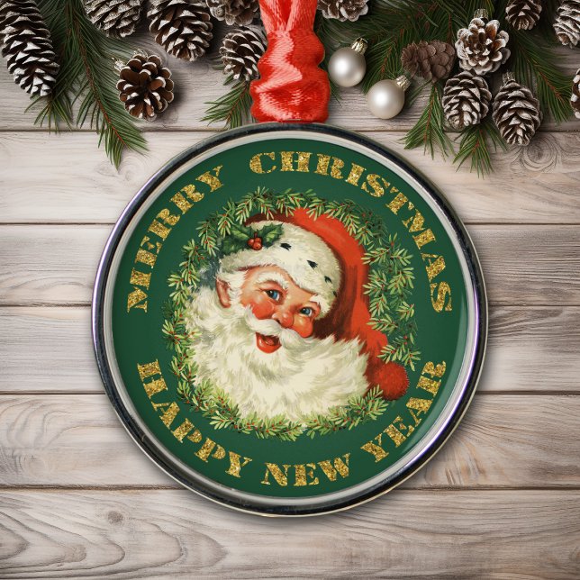 Jolly Santa und Wreath Silbernes Ornament (Von Creator hochgeladen)