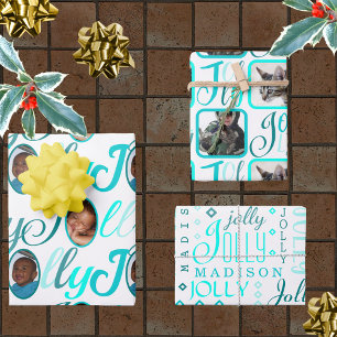 JOLLY Script Turquoise On White 4 Foto Weihnachten Geschenkpapier Set