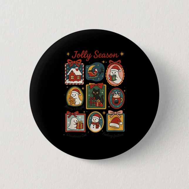 Jolly Season Ghost Cat Santa Christmas Frame Merry Button (Vorderseite)