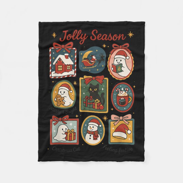 Jolly Season Ghost Cat Santa Christmas Frame Merry Fleecedecke (Vorderseite)