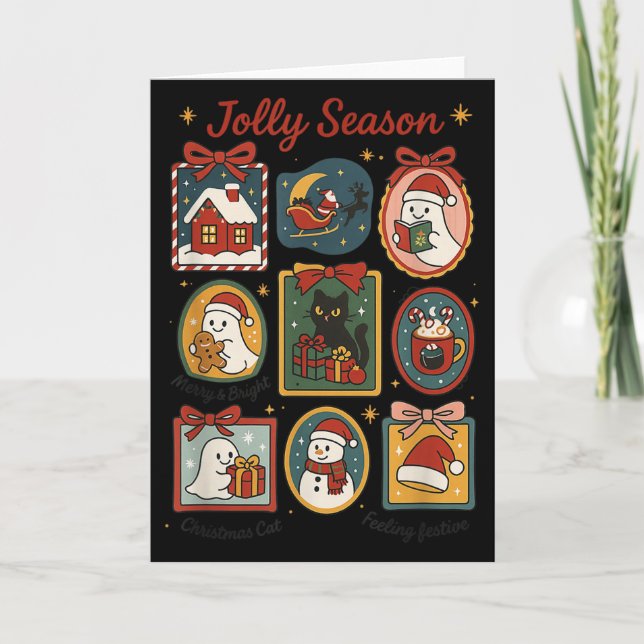 Jolly Season Ghost Cat Santa Christmas Frame Merry Karte (Vorderseite)