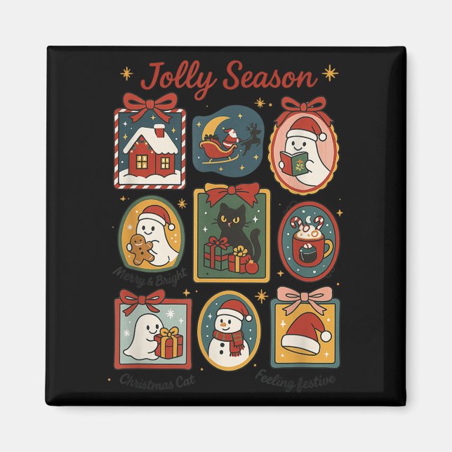 Jolly Season Ghost Cat Santa Christmas Frame Merry Magnet (Vorne)