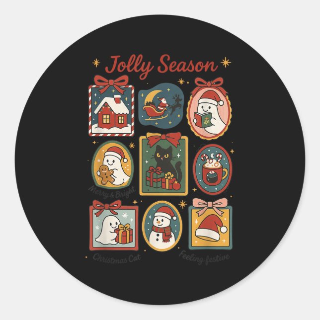 Jolly Season Ghost Cat Santa Christmas Frame Merry Runder Aufkleber (Vorderseite)