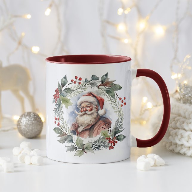 Jolly Smilly Santa Watercolor Weihnachtskranz Tasse (Von Creator hochgeladen)