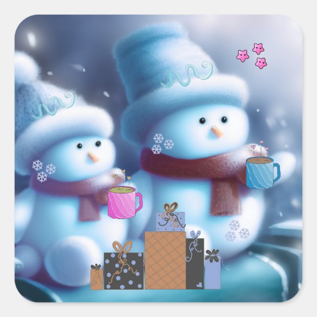Jolly Snowman Couple Coffee Quadratischer Aufkleber (Vorderseite)