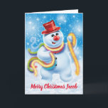 Jolly snowman custom Christmas card Feiertagskarte<br><div class="desc">Christmas dancing tinselled snowperson. Customise the message with your own choice of name,  it's so easy to change the name and make someone's Christmas special.</div>