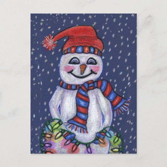 Jolly Snowman Hat Scarf mit Weihnachtslichtschnee Postkarte (Vorderseite)