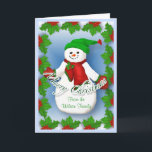 Jolly Snowman Weihnachtskarte Feiertagskarte<br><div class="desc">Jolly frostiger Schneemann mit rotem Schal und Fäusten und grünem Hut wird während der Ferien ein Lächeln bringen. Die heilige Grenze und der blaue Hintergrund verleihen dieser einzigartigen Grußkarte einen fröhlichen Weihnachtsjubiläum. Fügen Sie Ihren Familiennamen vor der Karte und Vers innerhalb kann in der Vorlage geändert werden. Zwei Bilder in...</div>