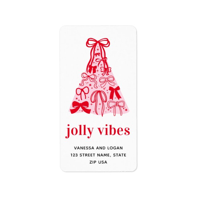 Jolly Vibes Whimsical Bow Pink Red Holiday Adressaufkleber (Vorne)