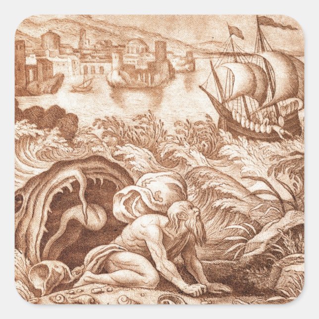 Jonah and the Whale, Illustration from a Bible, Quadratischer Aufkleber (Vorderseite)