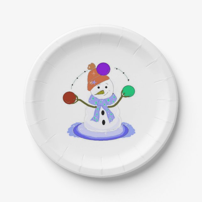 Jonglierender Schneemann Pappteller (Vorderseite)