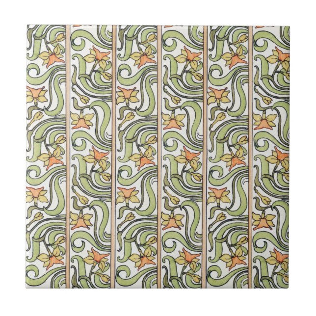 Jonquil Stripe Green Orange Art Nouveau Fliese (Vorderseite)
