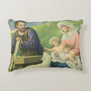 Josefs Werkstatt mit Maria und dem Baby Jesus Dekokissen